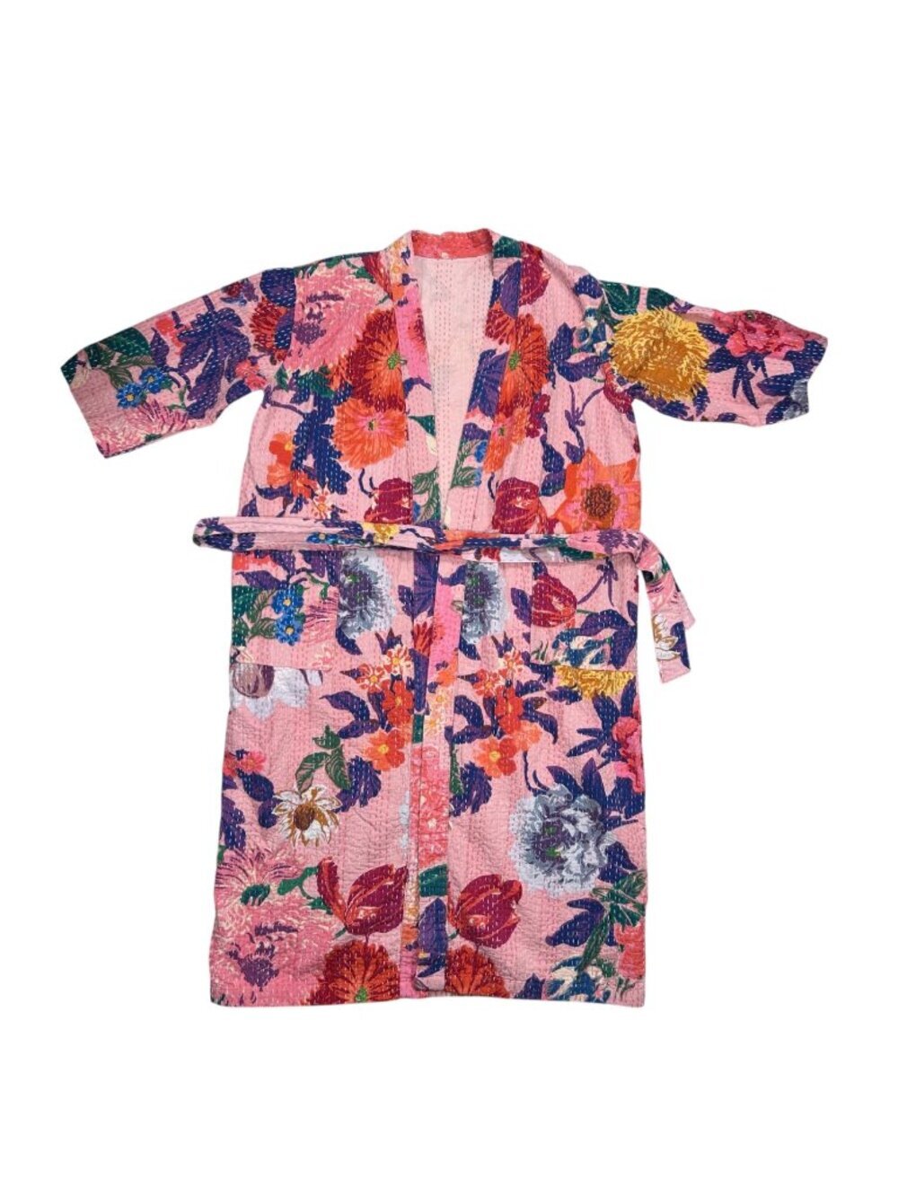 Handmade Kantha Kimono Floral Thick Pink Robe Cotton Reversible